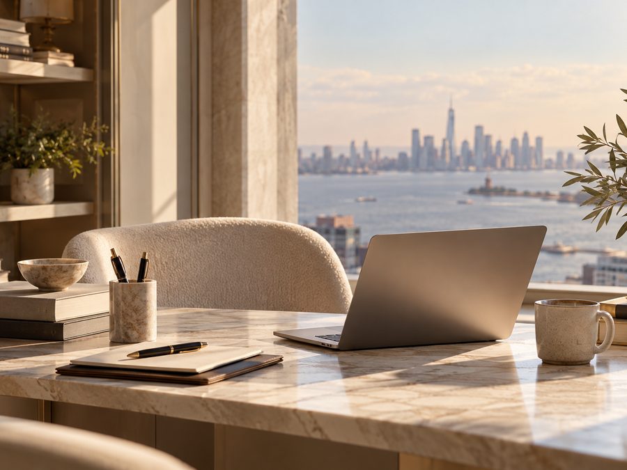 A quiet marble desk with a laptop, notebook, pen and coffee mug in front of a window overlooking the New York harbor and skyline