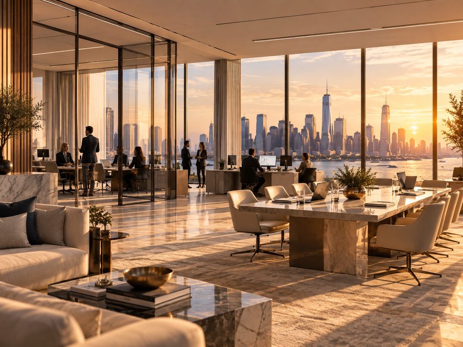 A bright open-plan office at sunset with colleagues at desks and in conversation, a long marble table and the city skyline beyond floor-to-ceiling glass