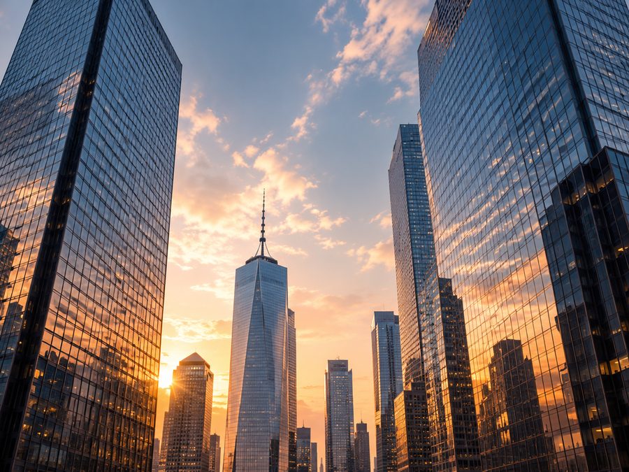 Glass office towers rising toward a sunset sky, with One World Trade Center between them